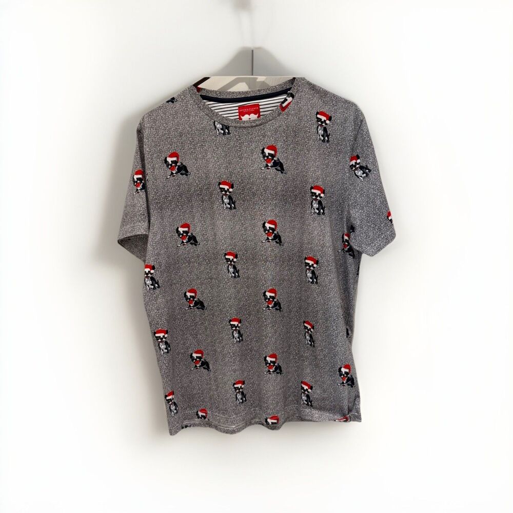 Denim & Flower Mens T Shirt Gray Dog With Santa Hat  Size XL